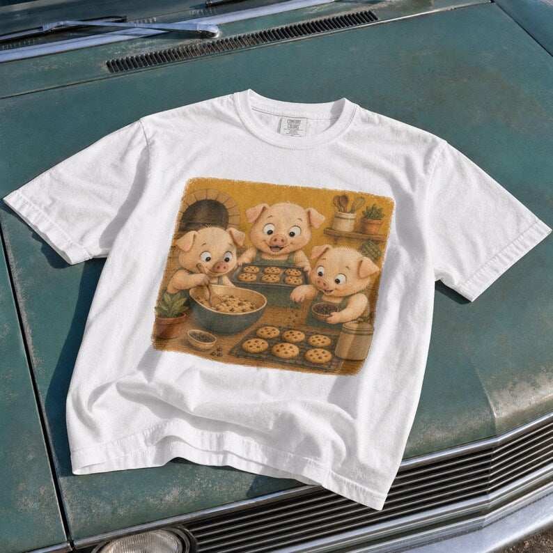 Piglet Baking Cookies T-Shirt, Cute Pig Baker Kitchen Graphic, Funny Farm Animal Tee, Comfort Colors® Baker Gift