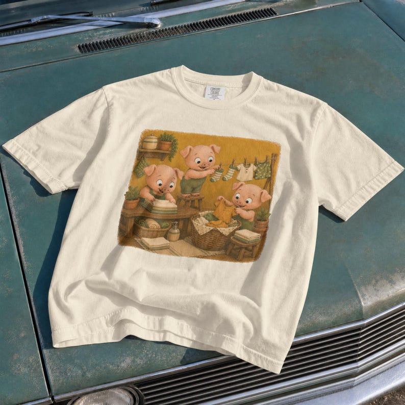 Piglet Laundry T-Shirt, Cute Pigs Washing Folding Clothes Graphic, Funny Housework Tee, Comfort Colors® Laundry Day Gift