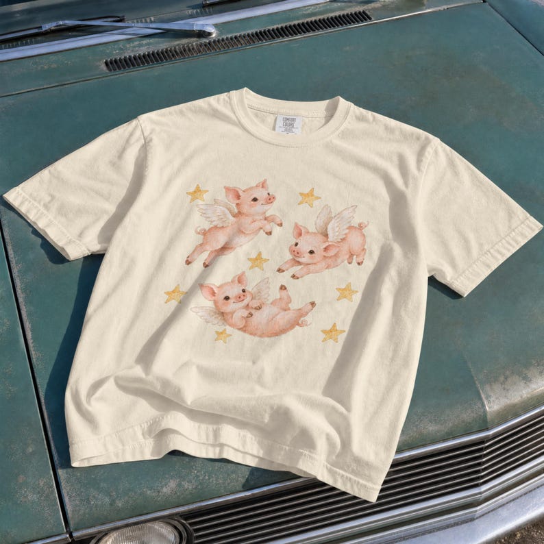 Flying Pig T-Shirt, Cute Winged Piglet Graphic, Whimsical Farm Animal Tee, Comfort Colors® Pig Lover Gift