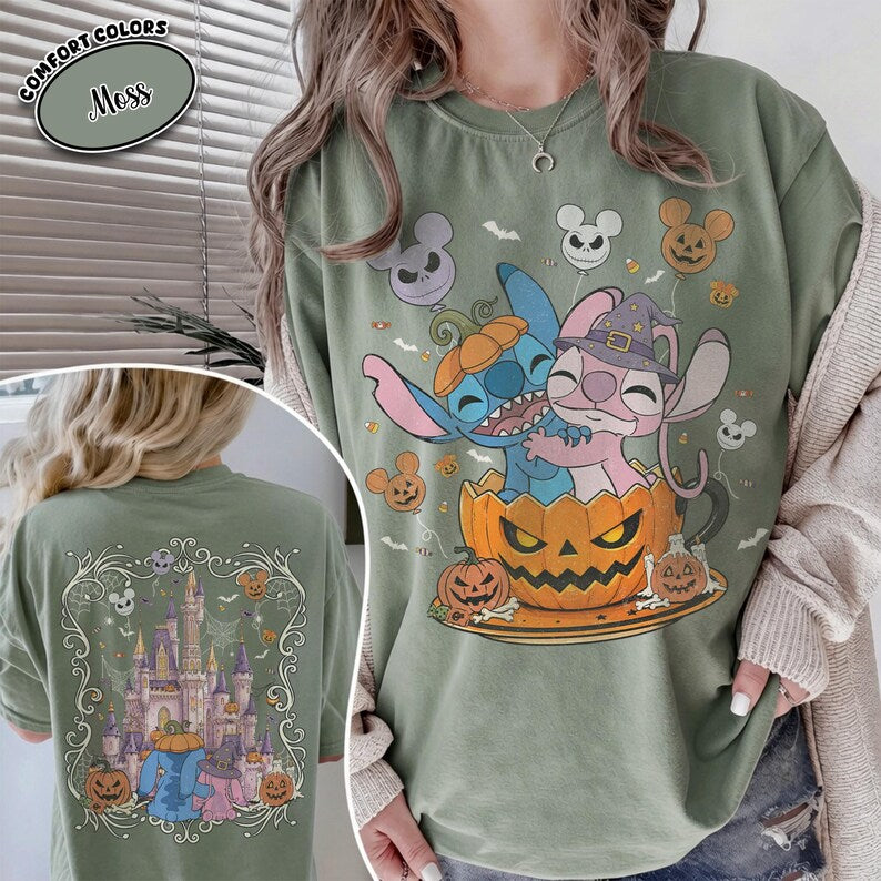 Vintage Stitch and Angel Halloween Shirt, Comfort Colors Two Sided Disney Pumpkin Castle Graphic Tee, Spooky Theme Park Vacation Gift 2026