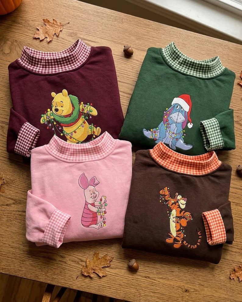 Pooh & Friends Christmas Embroidered Gingham Sweatshirt, Winnie the Pooh Piglet Tigger Eeyore Holiday Crewneck, Disney Christmas Shirt