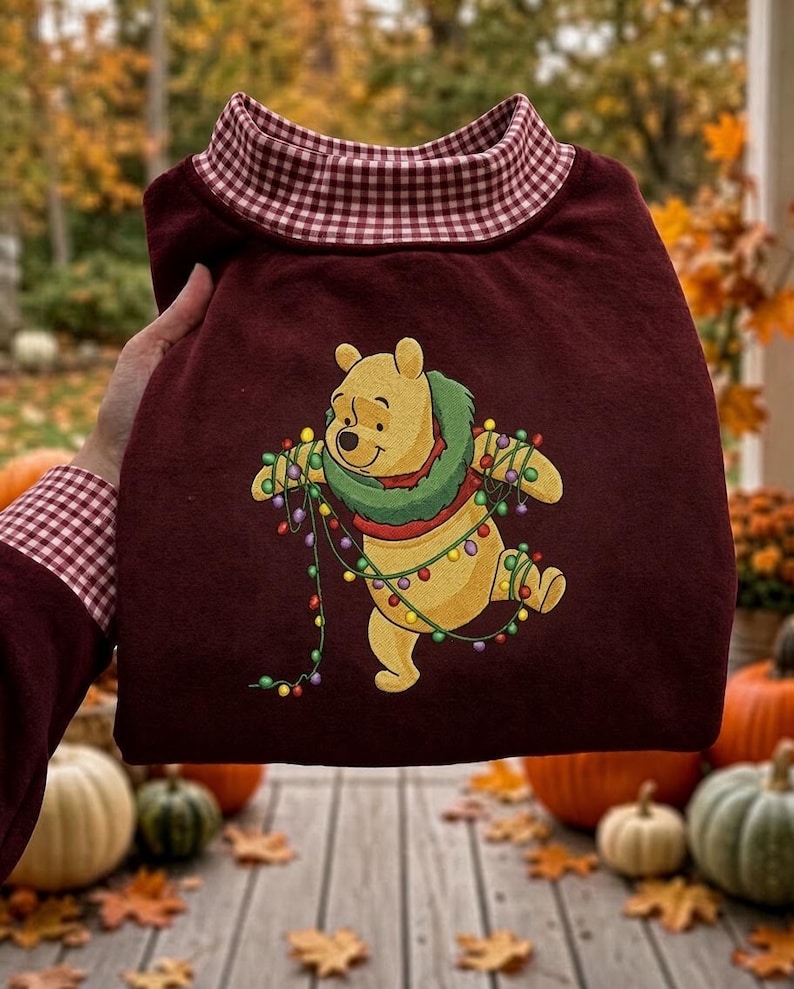 Pooh & Friends Christmas Embroidered Gingham Sweatshirt, Winnie the Pooh Piglet Tigger Eeyore Holiday Crewneck, Disney Christmas Shirt