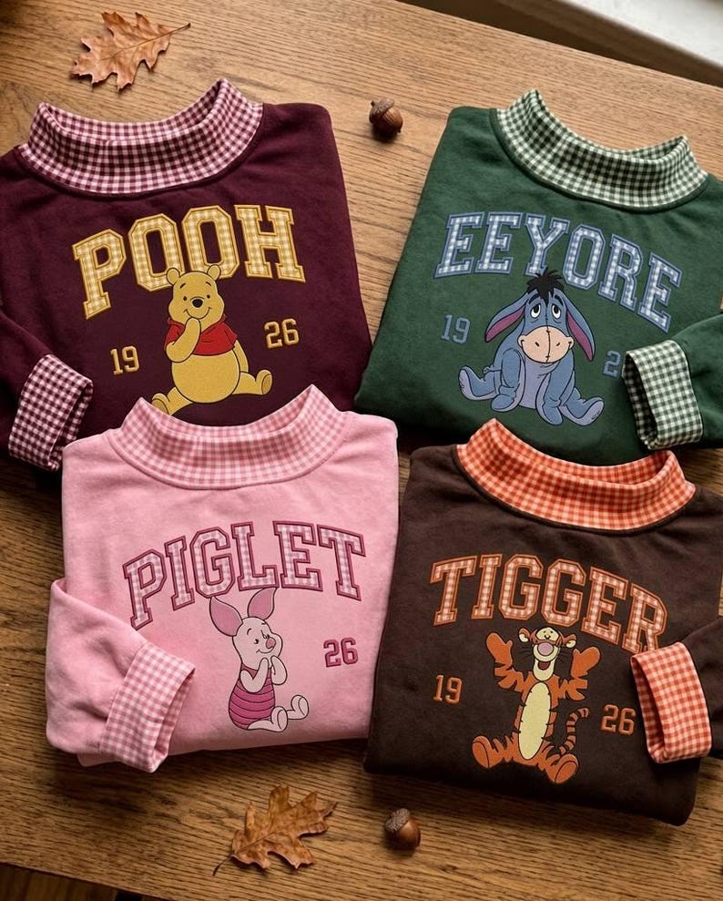 Embroidered Pooh & Friends Gingham Applique Mock Neck Sweatshirt, Piglet Eeyore Tigger Crewneck, Disney Inspired Group Shirt