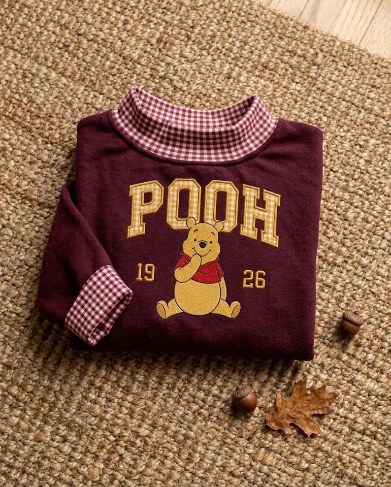 Embroidered Pooh & Friends Gingham Applique Mock Neck Sweatshirt, Piglet Eeyore Tigger Crewneck, Disney Inspired Group Shirt