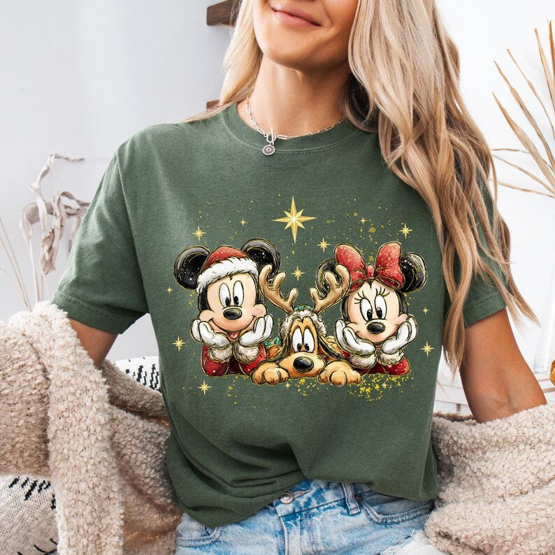 Disney Christmas Shirt, Mickey Minnie and Pluto Holiday Tee, Vintage Magical Character Short Sleeve Shirt, Family Vacation Gift