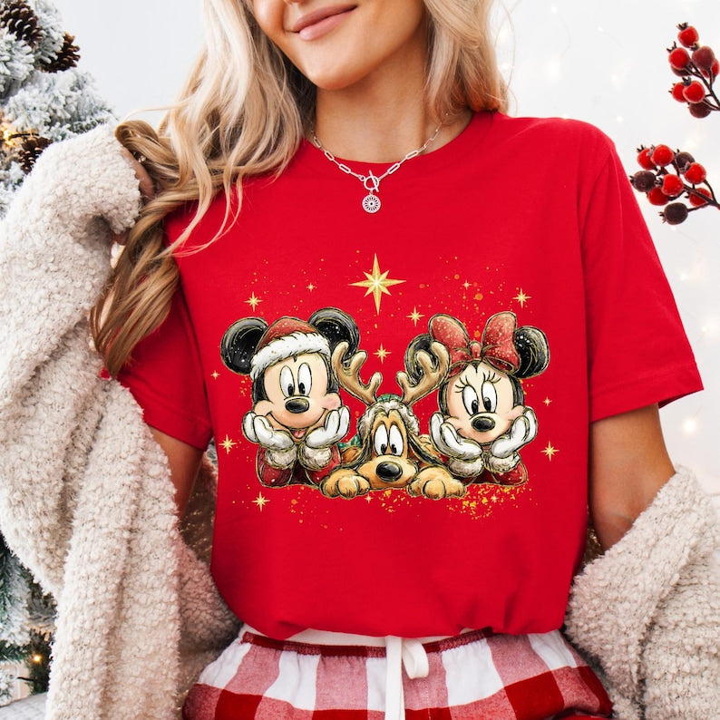 Disney Christmas Shirt, Mickey Minnie and Pluto Holiday Tee, Vintage Magical Character Short Sleeve Shirt, Family Vacation Gift