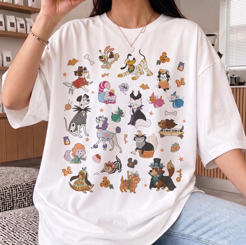 Retro 90s Disney Pets Costume Halloween Shirt, Disney Dogs Cats Group Halloween Tee, Pluto Marie Figaro Cheshire Cat Max Pongo Perdita Shirt