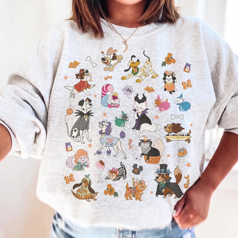 Retro 90s Disney Pets Costume Halloween Shirt, Disney Dogs Cats Group Halloween Tee, Pluto Marie Figaro Cheshire Cat Max Pongo Perdita Shirt
