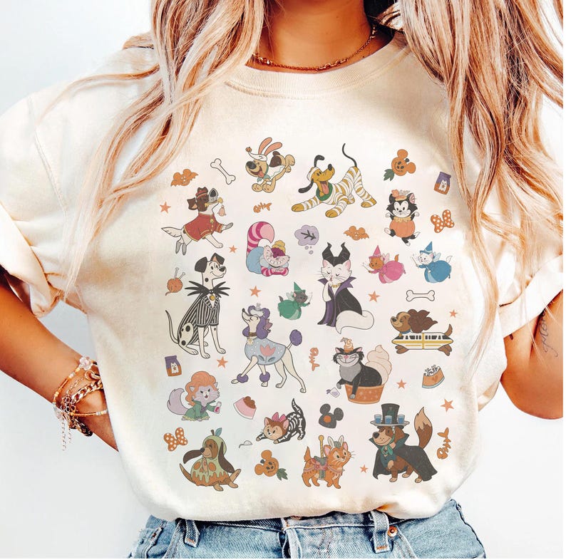 Retro 90s Disney Pets Costume Halloween Shirt, Disney Dogs Cats Group Halloween Tee, Pluto Marie Figaro Cheshire Cat Max Pongo Perdita Shirt