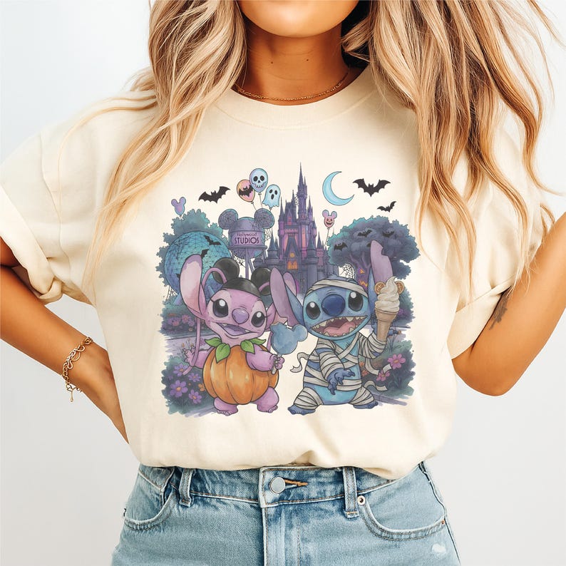 Stitch and Angel Halloween Tee,Magic Kingdom Spooky Season Tee,Ice Cream Snacking Team Shirt ,Nightmare On Main Street Disney Halloween Tee