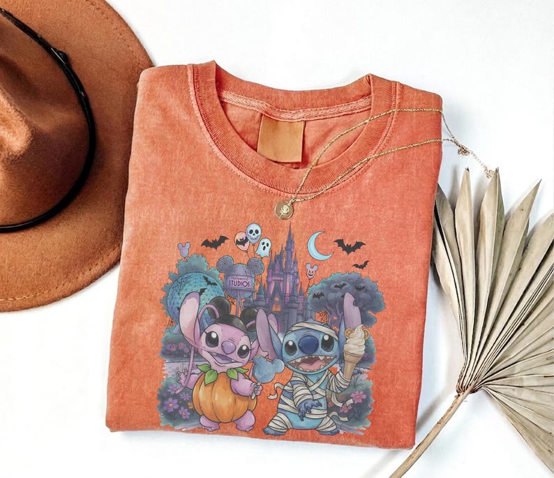 Stitch and Angel Halloween Tee,Magic Kingdom Spooky Season Tee,Ice Cream Snacking Team Shirt ,Nightmare On Main Street Disney Halloween Tee