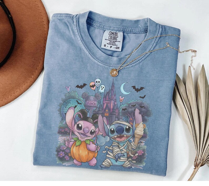 Stitch and Angel Halloween Tee,Magic Kingdom Spooky Season Tee,Ice Cream Snacking Team Shirt ,Nightmare On Main Street Disney Halloween Tee