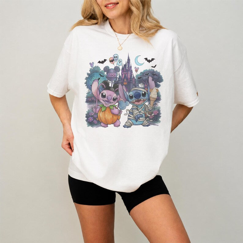 Stitch and Angel Halloween Tee,Magic Kingdom Spooky Season Tee,Ice Cream Snacking Team Shirt ,Nightmare On Main Street Disney Halloween Tee