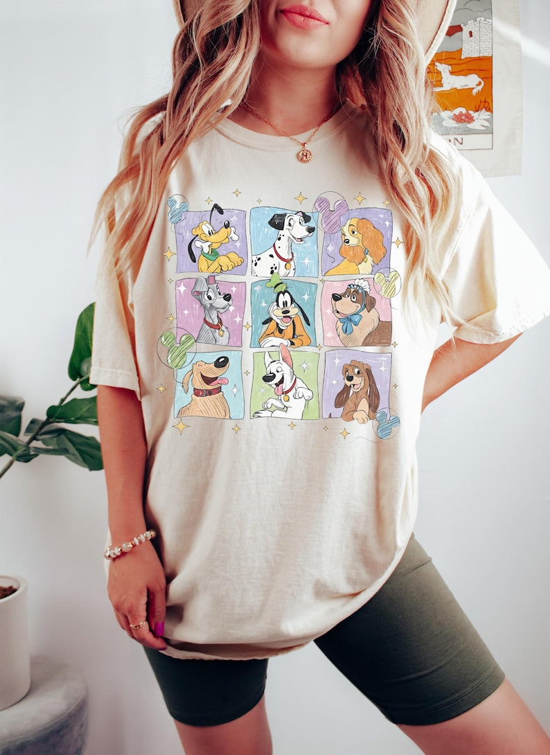 Comfort Colors® Retro Disney Dogs Shirt, Cute Lady Tramp Pluto Dalmatian Tee, Pastel Watercolor Cartoon Dog Lover Gift, Magical Vacation Tee