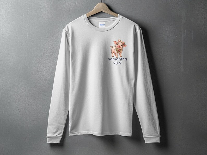Custom Mini Pig T-Shirt Personalized Floral Piglet Shirt, Cute Farm Animal Sweatshirt, Birthday Gift Long Sleeve Hoodie for Pig Lovers