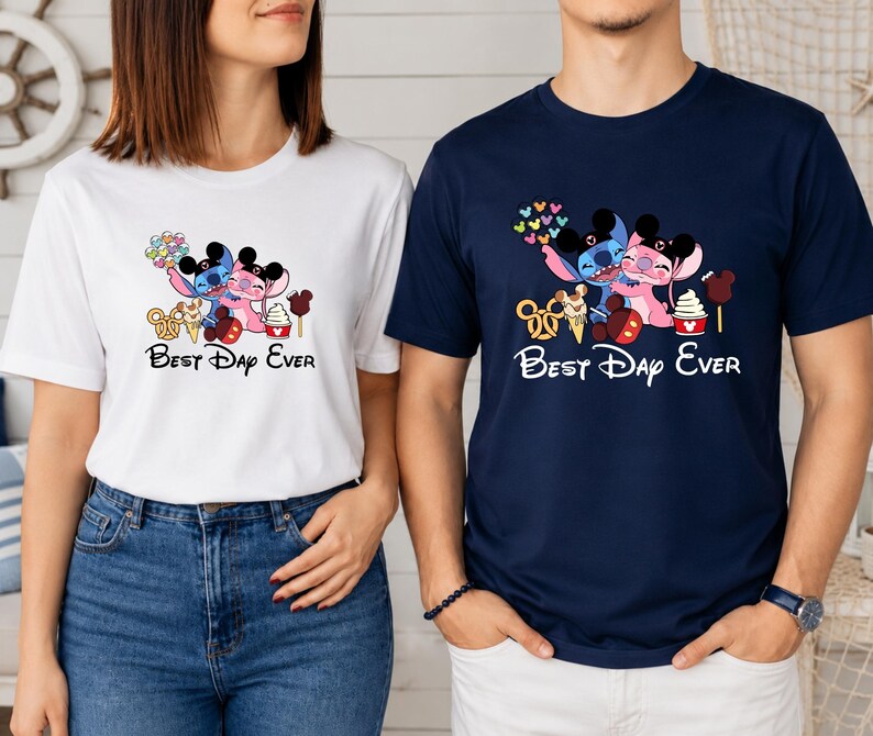 Disney Best Day Ever Shirt, Stitch Angel Gus Jaq Snack Treats Tee, Matching Family Park Vacation Shirt, Retro Cute Couple Tops