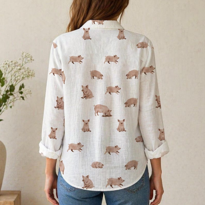 Cute Pig Pattern Blouse, Watercolor Piglet Print Button Down Shirt, Farm Animal Tops, Cute Pig Lover Gift, Casual Summer  Shirt