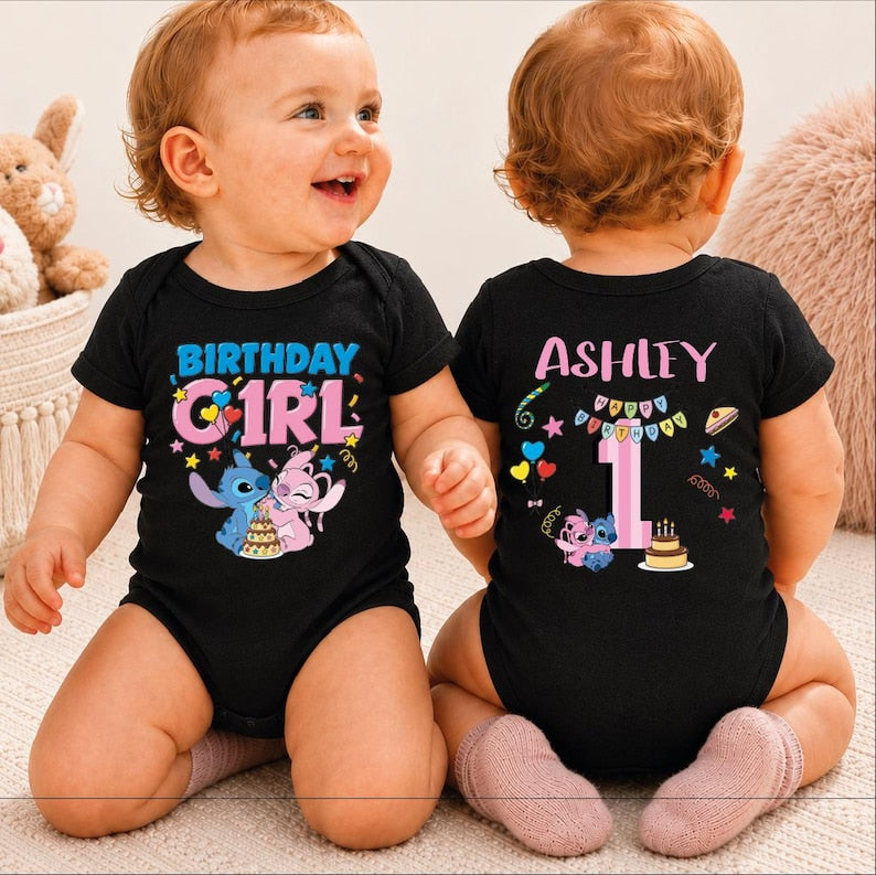 Stitch Birthday Girl Youth Shirt, Personalized Name Age Toddler, Disney Birthday Shirt, Stitch and Angel Birthday Tee,BP