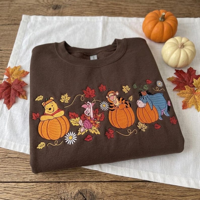 Winnie the Pooh Halloween Embroidered Sweatshirt, Pooh Piglet Tigger Eeyore Fall T-shirt, Pumpkin Embroidery Crewneck, Cozy Autumn Spooky