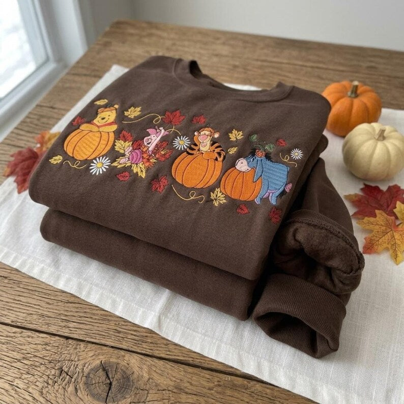 Winnie the Pooh Halloween Embroidered Sweatshirt, Pooh Piglet Tigger Eeyore Fall T-shirt, Pumpkin Embroidery Crewneck, Cozy Autumn Spooky