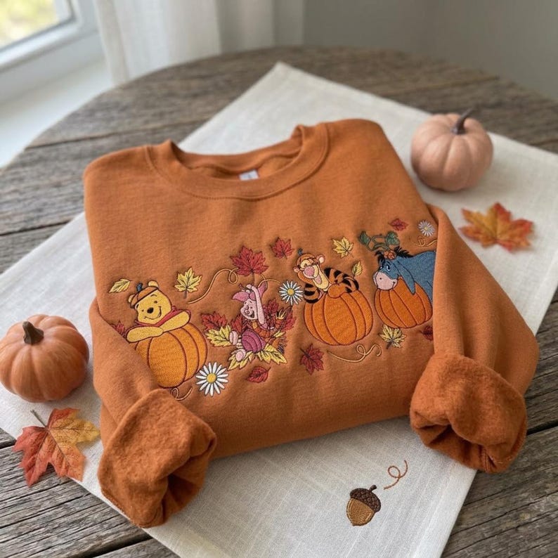 Winnie the Pooh Halloween Embroidered Sweatshirt, Pooh Piglet Tigger Eeyore Fall T-shirt, Pumpkin Embroidery Crewneck, Cozy Autumn Spooky
