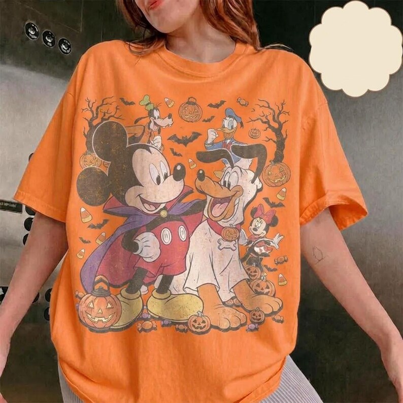 Retro Disney Halloween Party Vampire Mickey Ghost Pluto T-Shirt, Vintage Spooky Season Pumpkin Friends Trick or Treat Black Unisex Tee