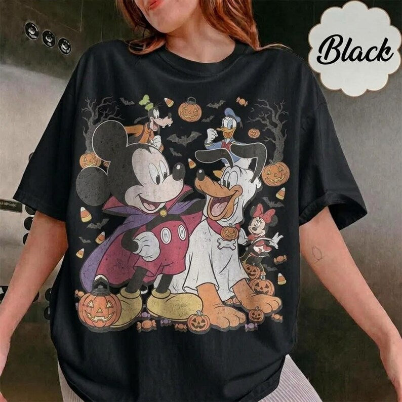 Retro Disney Halloween Party Vampire Mickey Ghost Pluto T-Shirt, Vintage Spooky Season Pumpkin Friends Trick or Treat Black Unisex Tee