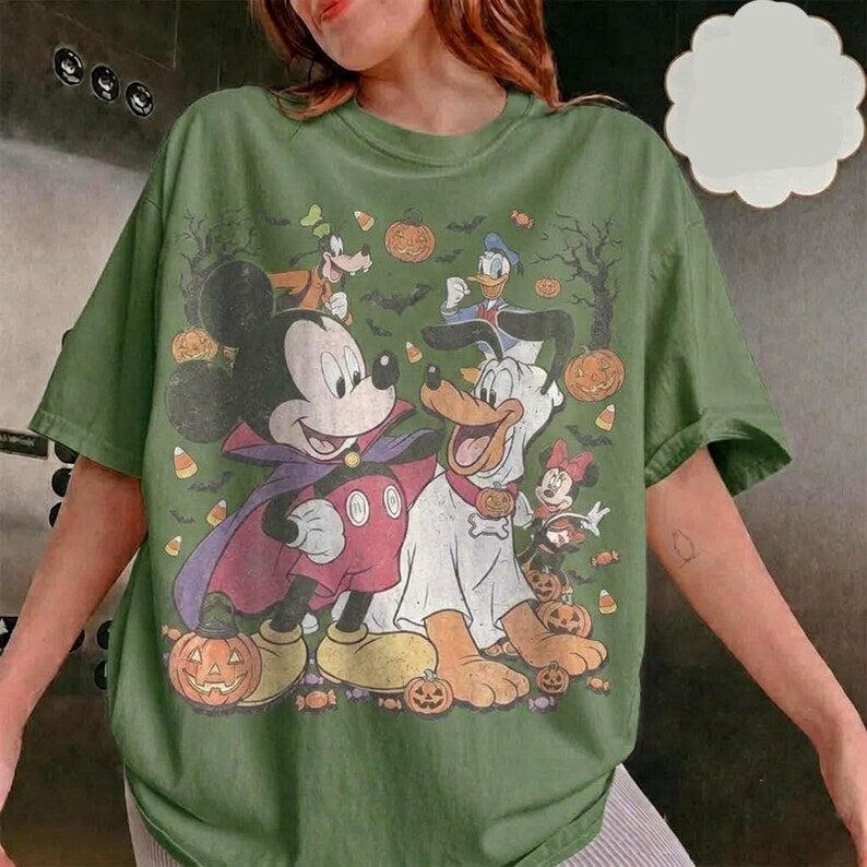 Retro Disney Halloween Party Vampire Mickey Ghost Pluto T-Shirt, Vintage Spooky Season Pumpkin Friends Trick or Treat Black Unisex Tee