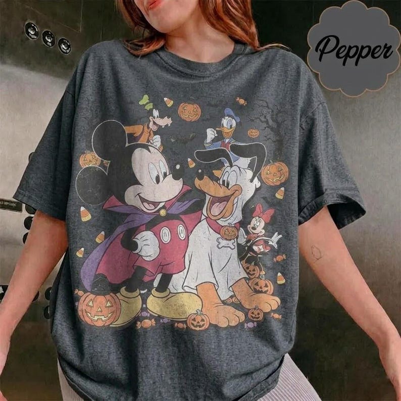 Retro Disney Halloween Party Vampire Mickey Ghost Pluto T-Shirt, Vintage Spooky Season Pumpkin Friends Trick or Treat Black Unisex Tee