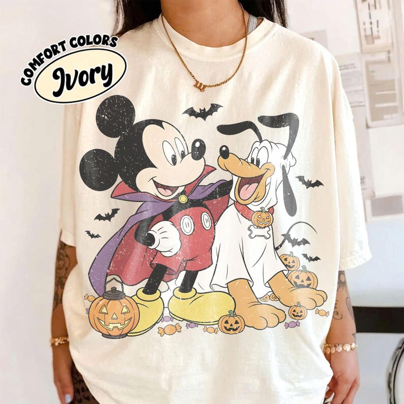 Retro Mickey and Pluto Halloween Shirt, Comfort Colors Vampire Ghost Pumpkin Design Tee, Disney Family Matching Theme Park Trip Gift 2026