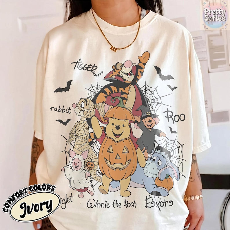 Retro Winnie The Pooh Halloween Signature Shirt, Pooh Bear Pumpkin Spooky Season Tee, Tigger Piglet Eeyore, Disney Family Vacation Gift