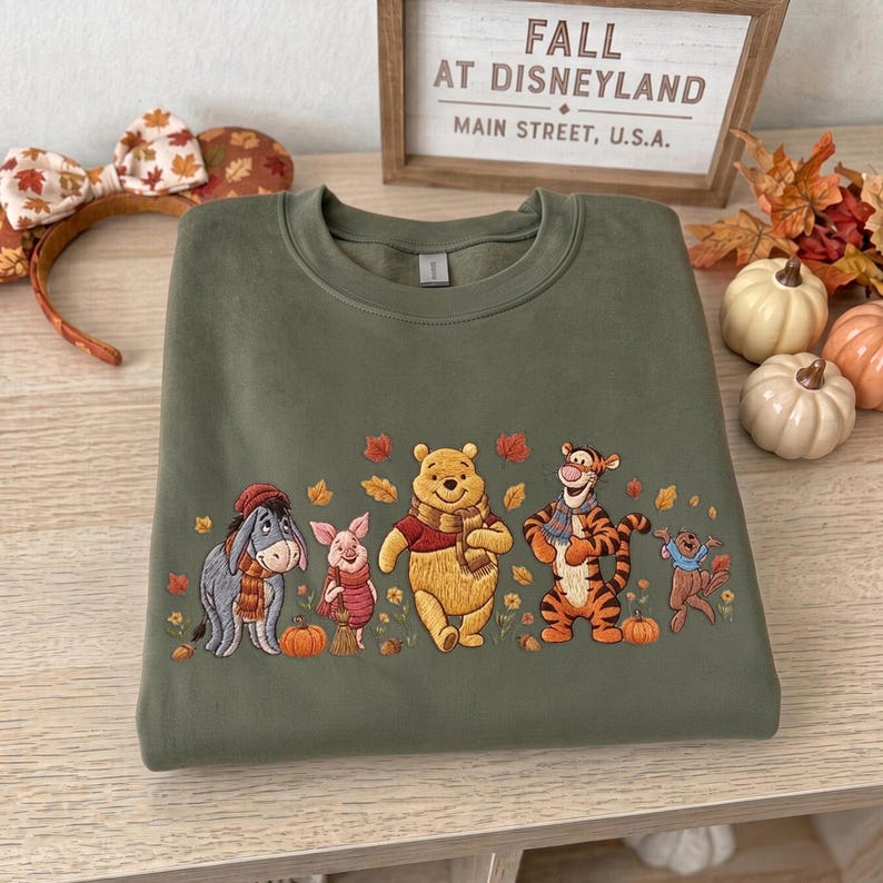 Winnie the Pooh Halloween Embroidered Sweatshirt, Pooh Piglet Tigger Eeyore Fall T-shirt, Pumpkin Embroidery Crewneck, Cozy Autumn Spooky