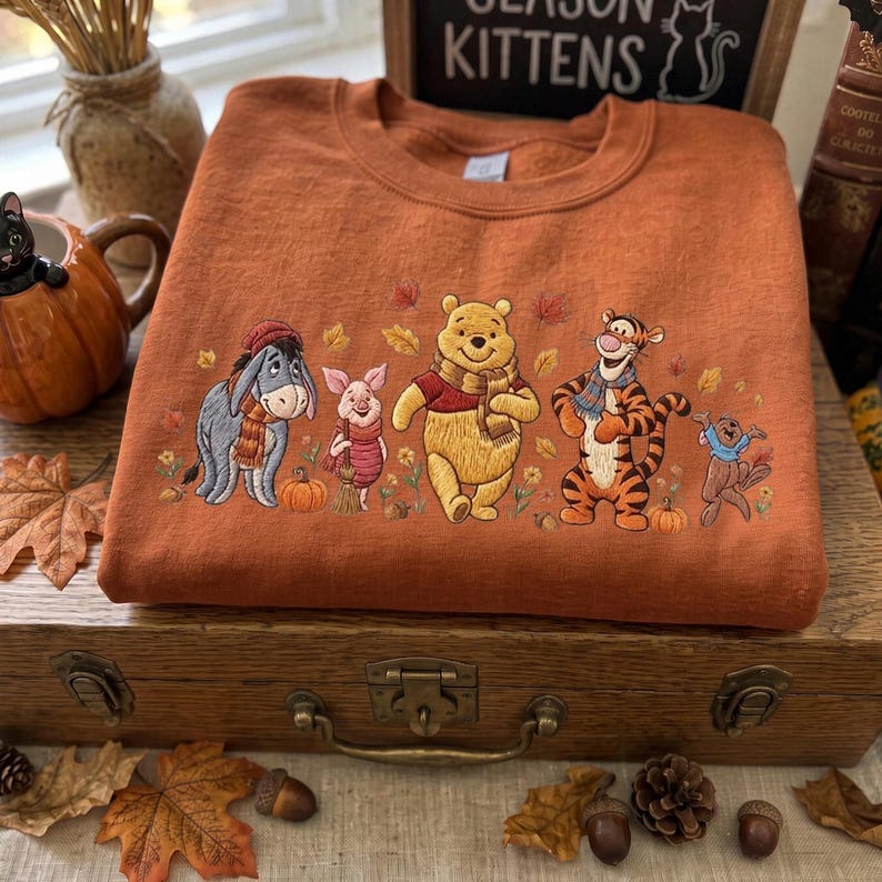 Winnie the Pooh Halloween Embroidered Sweatshirt, Pooh Piglet Tigger Eeyore Fall T-shirt, Pumpkin Embroidery Crewneck, Cozy Autumn Spooky
