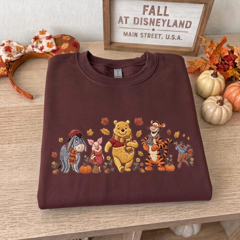 Winnie the Pooh Halloween Embroidered Sweatshirt, Pooh Piglet Tigger Eeyore Fall T-shirt, Pumpkin Embroidery Crewneck, Cozy Autumn Spooky