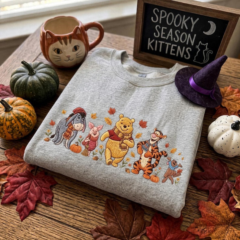 Winnie the Pooh Halloween Embroidered Sweatshirt, Pooh Piglet Tigger Eeyore Fall T-shirt, Pumpkin Embroidery Crewneck, Cozy Autumn Spooky