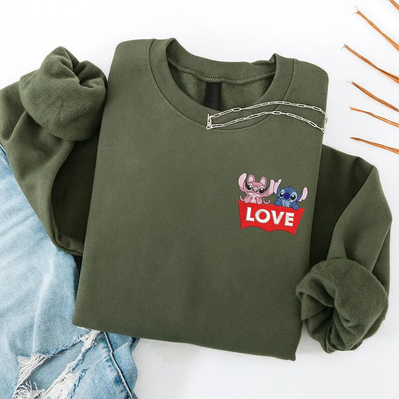 Stitch Angel Pocket Sweatshirt, Embroidered Funny Love Logo Hoodie, Disney Gift