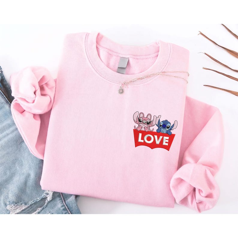 Stitch Angel Pocket Sweatshirt, Embroidered Funny Love Logo Hoodie, Disney Gift