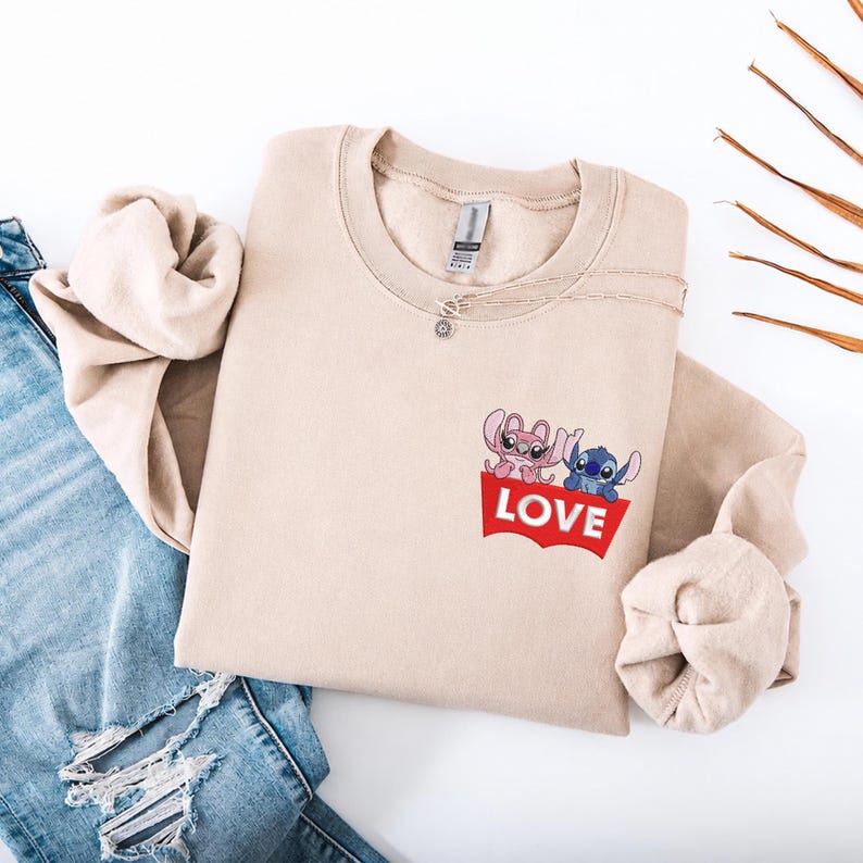 Stitch Angel Pocket Sweatshirt, Embroidered Funny Love Logo Hoodie, Disney Gift
