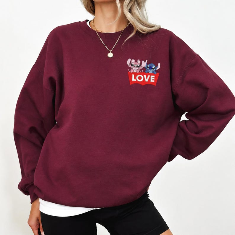 Stitch Angel Pocket Sweatshirt, Embroidered Funny Love Logo Hoodie, Disney Gift