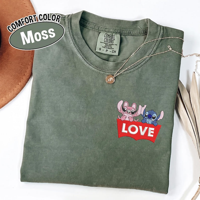 Funny Stitch Angel Pocket Shirt, Embroidered Disney Love Logo Gift Tee