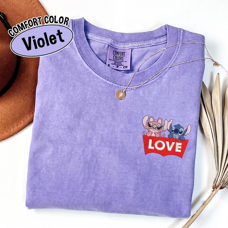 Funny Stitch Angel Pocket Shirt, Embroidered Disney Love Logo Gift Tee