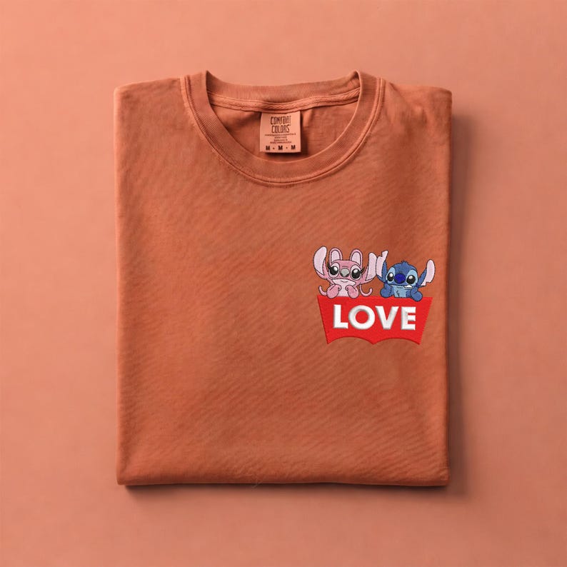 Funny Stitch Angel Pocket Shirt, Embroidered Disney Love Logo Gift Tee