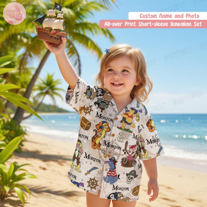 Personalized Winnie the Pooh Pirate Hawaiian Shirt, Custom Name Pooh and Friends Tropical Shirt, Tigger Eeyore Piglet Tee,Disney Cruise Gift