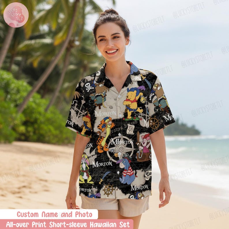 Personalized Winnie the Pooh Pirate Hawaiian Shirt, Custom Name Pooh and Friends Tropical Shirt, Tigger Eeyore Piglet Tee,Disney Cruise Gift