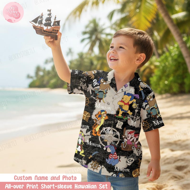 Personalized Winnie the Pooh Pirate Hawaiian Shirt, Custom Name Pooh and Friends Tropical Shirt, Tigger Eeyore Piglet Tee,Disney Cruise Gift