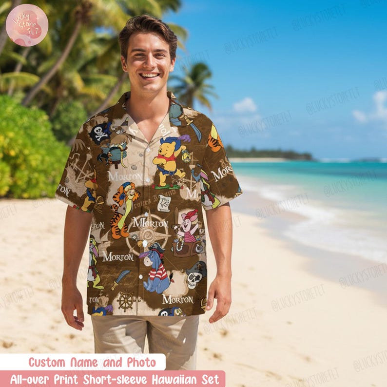 Personalized Winnie the Pooh Pirate Hawaiian Shirt, Custom Name Pooh and Friends Tropical Shirt, Tigger Eeyore Piglet Tee,Disney Cruise Gift