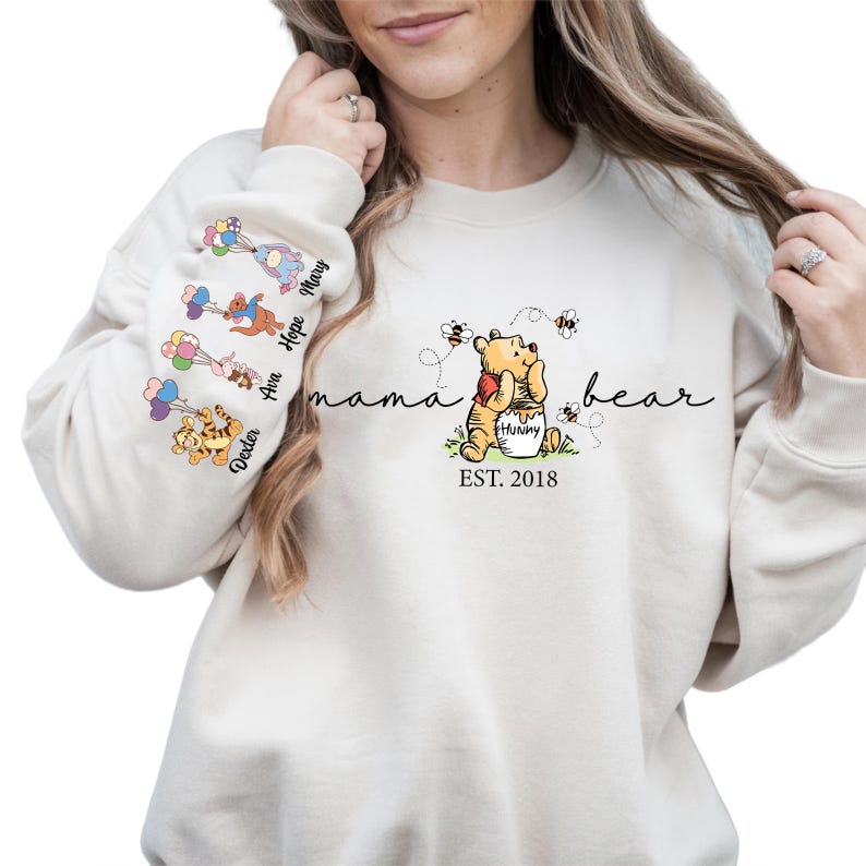 Mama Bear Sweatshirt Personalized, Custom Characters and Names on the Sleeve