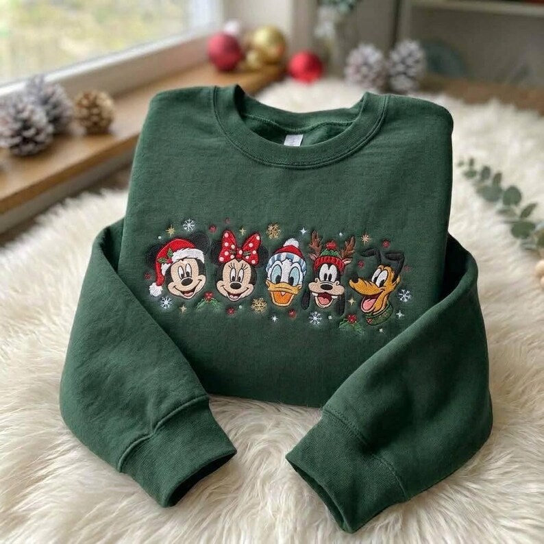 Disney Christmas Embroidered Sweatshirt, Mickey Minnie Donald Goofy Pluto Holiday  Comfort Color T-shirt, Classic Characters Xmas Shirt