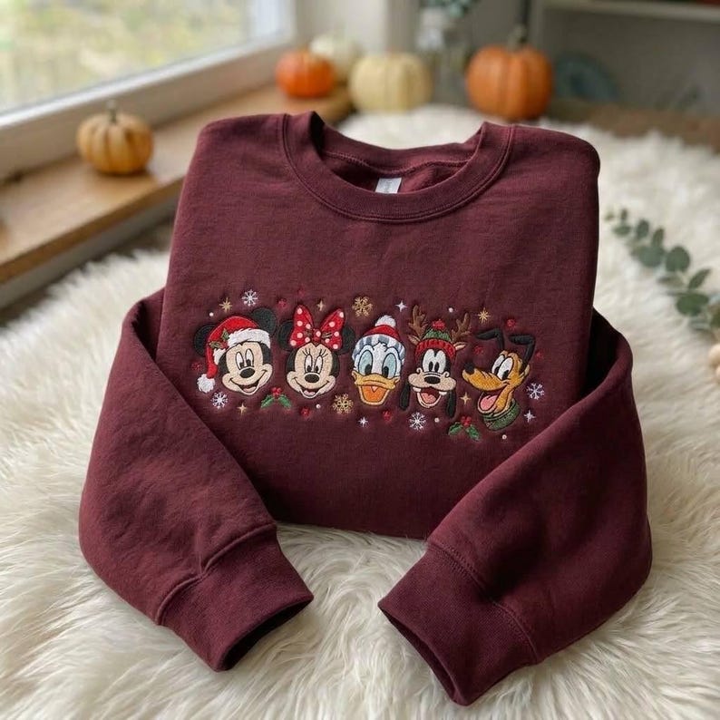 Disney Christmas Embroidered Sweatshirt, Mickey Minnie Donald Goofy Pluto Holiday  Comfort Color T-shirt, Classic Characters Xmas Shirt