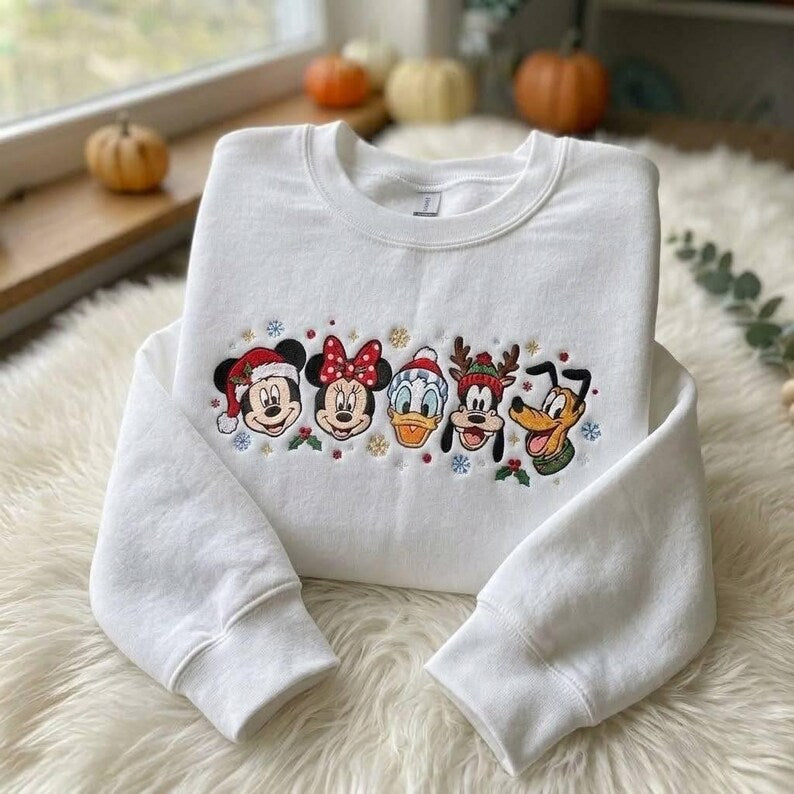 Disney Christmas Embroidered Sweatshirt, Mickey Minnie Donald Goofy Pluto Holiday  Comfort Color T-shirt, Classic Characters Xmas Shirt